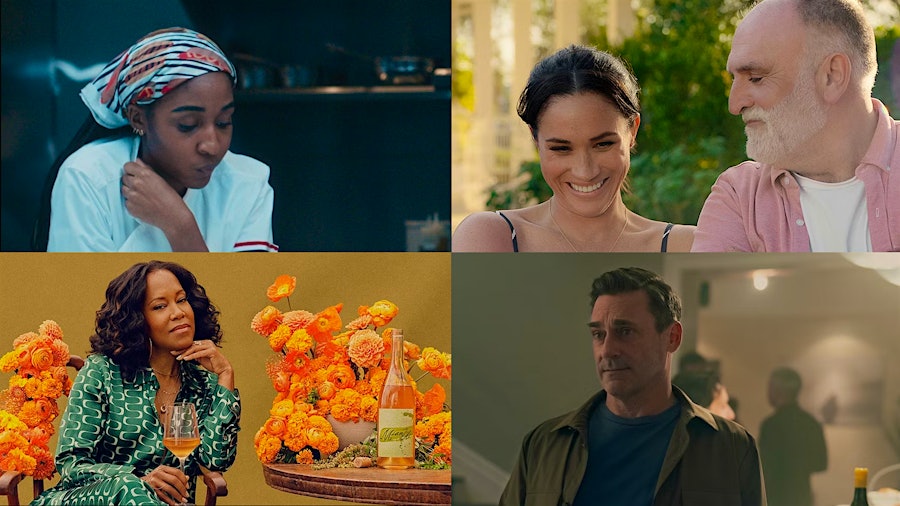 Clockwise from top left: Ayo Edebiri on FX's The Bear; Meghan, Duchess of Sussex and chef José Andrés; Jon Hamm on Apple's Friends & Neighbors; Regina King